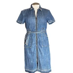 Sea New York‎ Zip Front Distressed Denim Short Sleeve Collared Dress